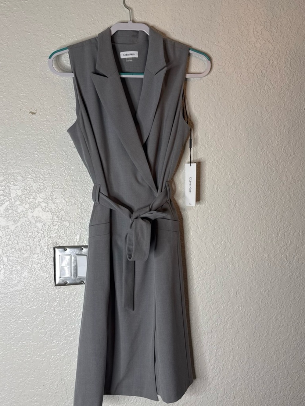 Calvin Klein Sleeveless Gray Belted Wrap Midi Dress